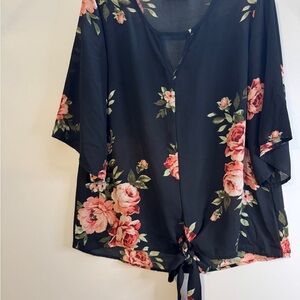 Pink and Orange Flutter Sleeve Blouse with Tie Front